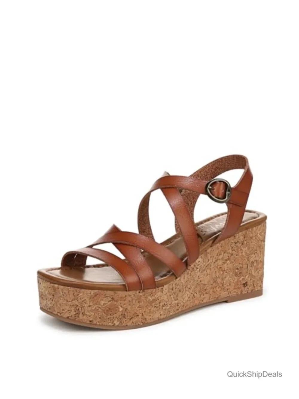 Faux-leather Cork Wedge Open Toe Sandal with Buckle